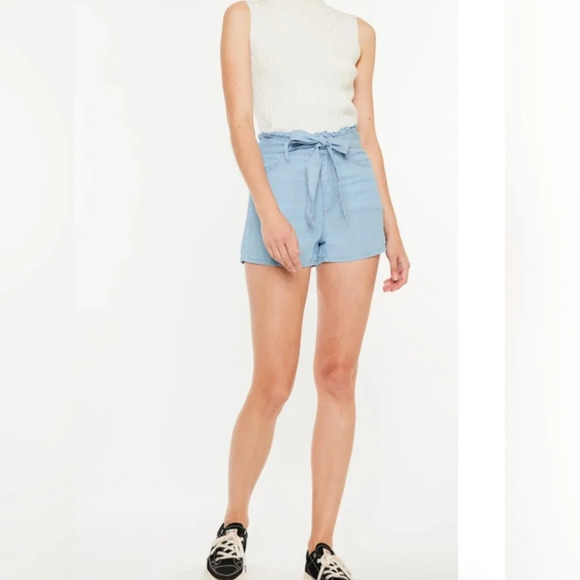KanCan size XL light blue ultra high rise belted paper bag shorts - Picture 2 of 9